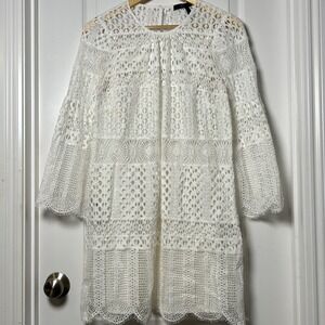 BCBGMAXAZRIA White Lace Overlay Flare Sleeve Dress Cottagecore Boho Bridal Style